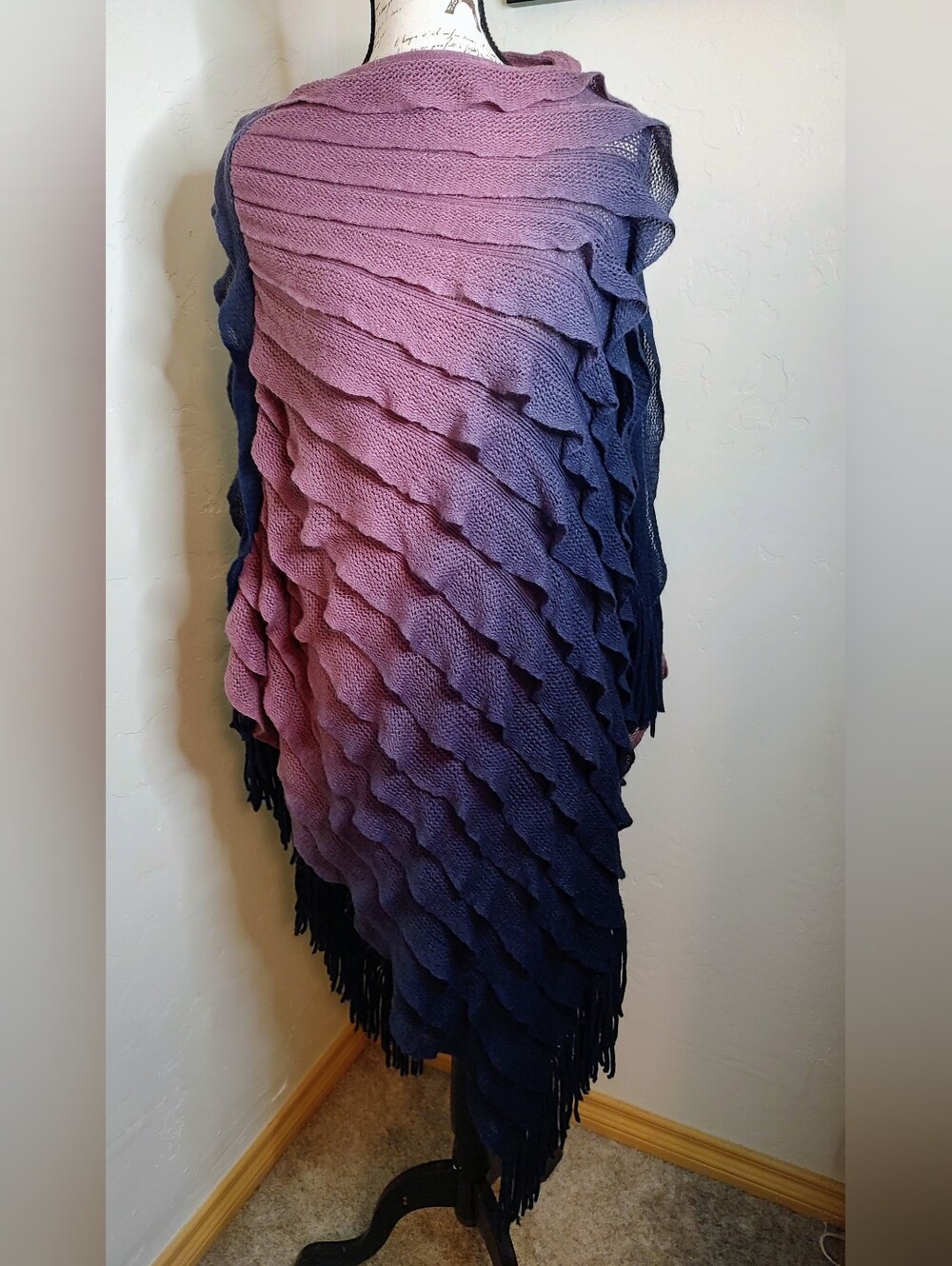 Colleen Loga Boho-Chic Shawl Wrap Cape Ombre Fringe Ruffle Knit Cascading Soft